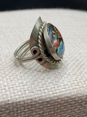 Russian Folk Art Ring Hand Painted Butterfly Floral Enamel Adjusts Vintage