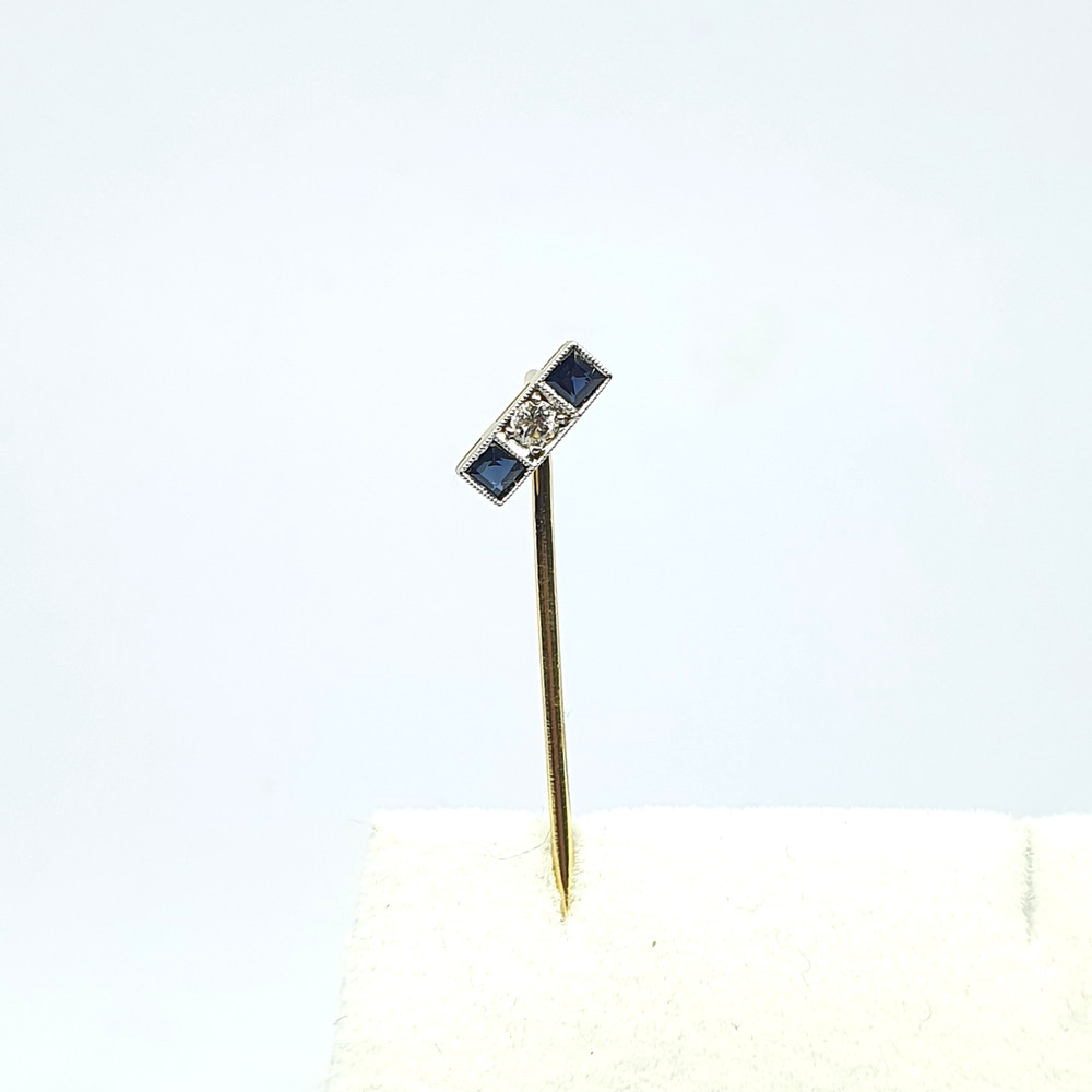 Antique Art Deco 18kt Gold Diamond Sapphire Stick Pin Geometric Square – 319