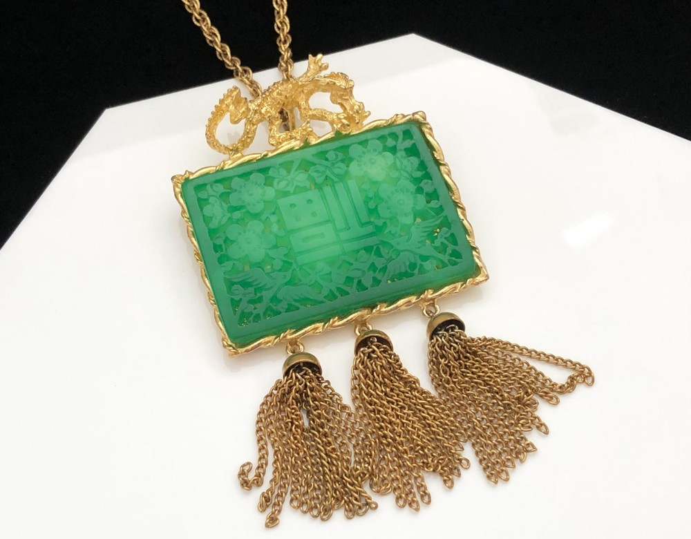 Vintage 1960s Signed HATTIE CARNEGIE Dragon & Faux Jade Tassel Necklace Brooch