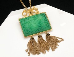 Vintage 1960s Signed HATTIE CARNEGIE Dragon & Faux Jade Tassel Necklace Brooch