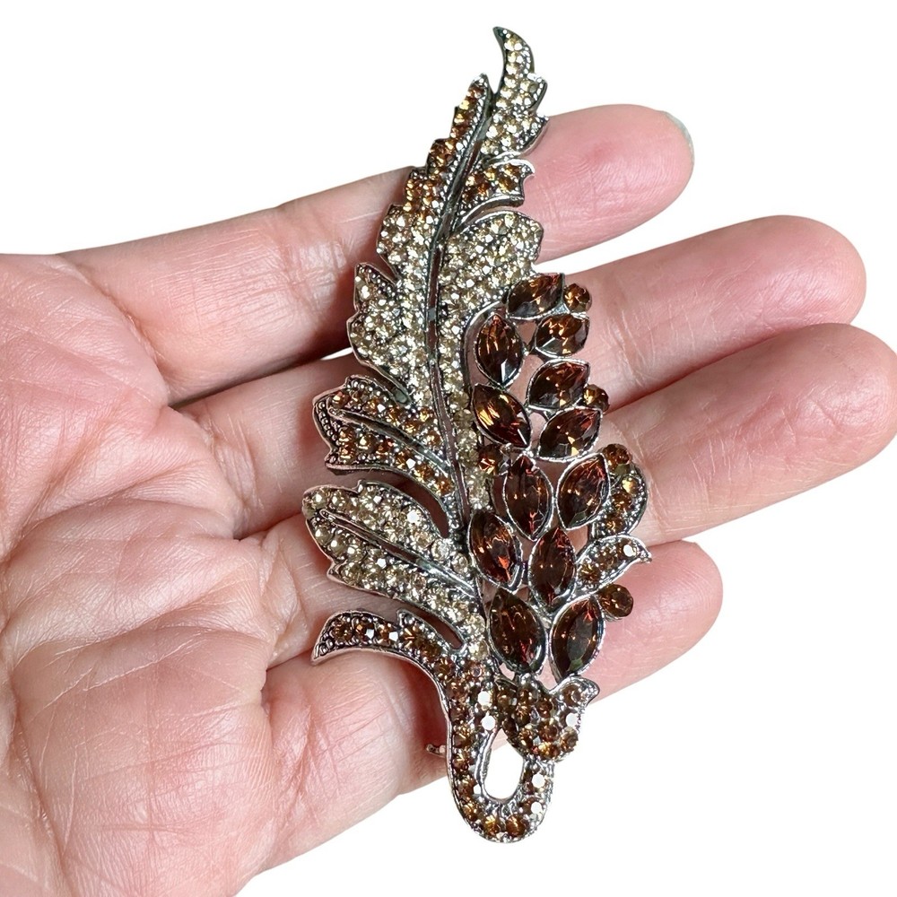 VTG Statement Leaf Floral Brooch 3.5 Inch Amber Brown Rhinestone Crystal Rhodium