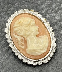 Vintage Cameo Shell Filigree Brooch Pin Silver Tone Woman Portrait