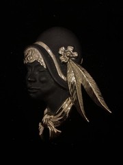 Vintage Torino Flapper Girl Brooch in Gold Tone and Black Matte Finish.