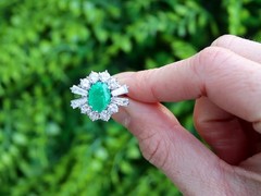 2.31Ct Emerald and 2.12Ct Diamond 18k White Gold Cluster Ring Circa 1970