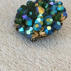Vintage Brooch AB Crystal / Glass Beads Faceted Heavy Blues & Greens Sparkly