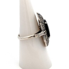 Vintage Black Onyx and Marcasite Sterling Silver Ring – Long Oval Stone -ET595