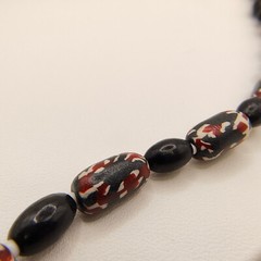 Vintage Barrel Bead Necklace Red Black White Abstract Tribal 22″ Matinee Length