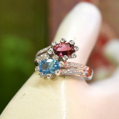 Estate 14K White Gold Toi et Moi Pink Tourmaline Blue Topaz Ladies Diamond Ring