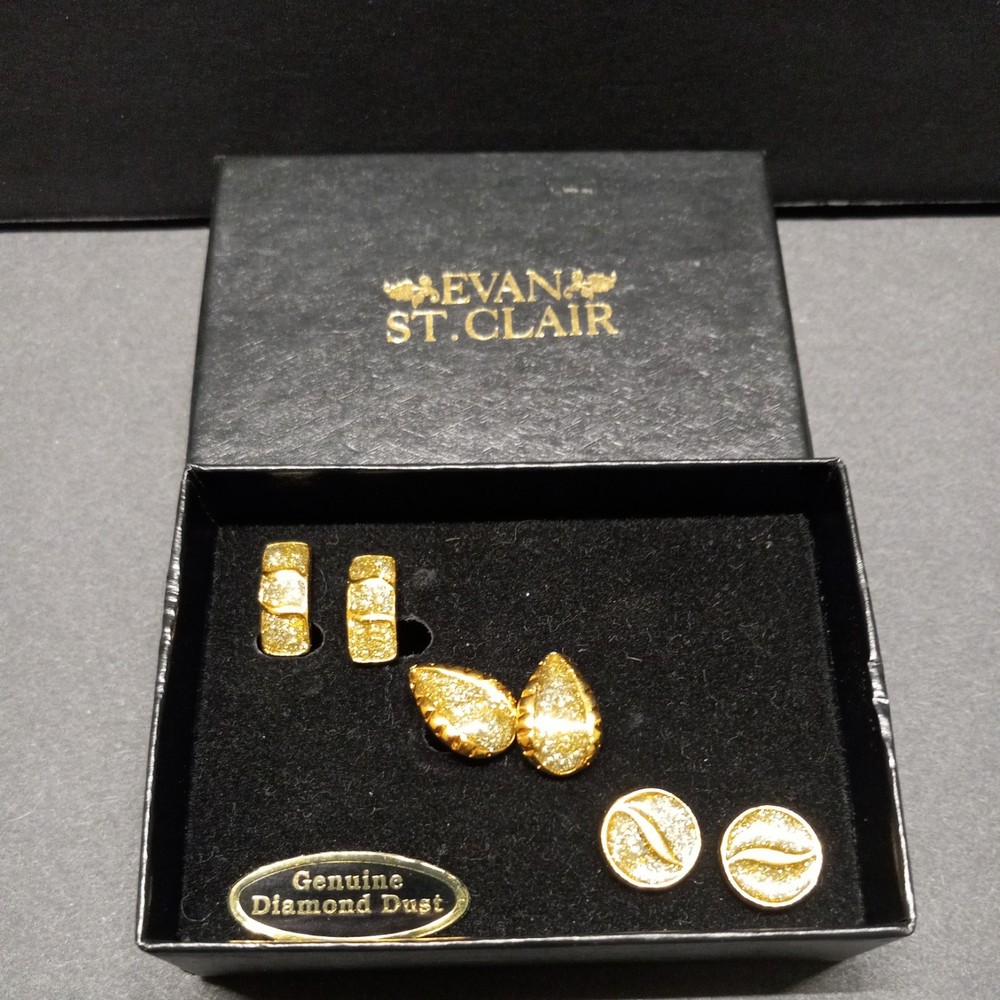 Evan St. Clair 3 Pairs of Gold Tone & Genuine Diamond Dust Clip On Earrings -Box