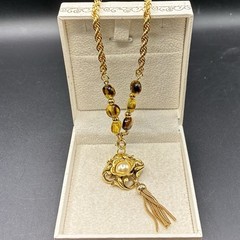 Custom OOAK Vintage 1980s Rope Chain with Amber & Faux Pearl & Tassel Pendant