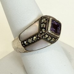 Vintage Estate Sterling Silver Amethyst Marcasite Mother of Pearl Ring size 8.5