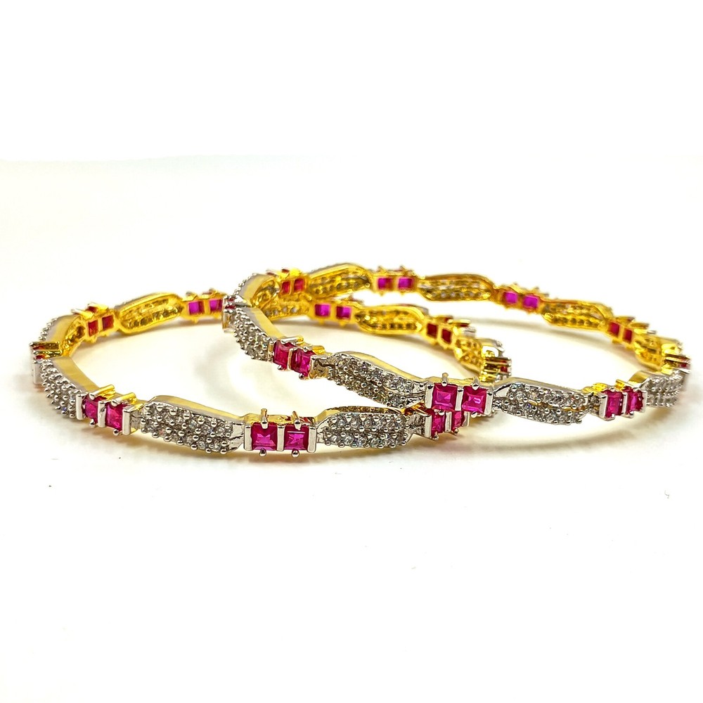 Designer Ruby & Cubic Zirconia Bangle Set Handmade 22K Gold Plated Ethnic Style