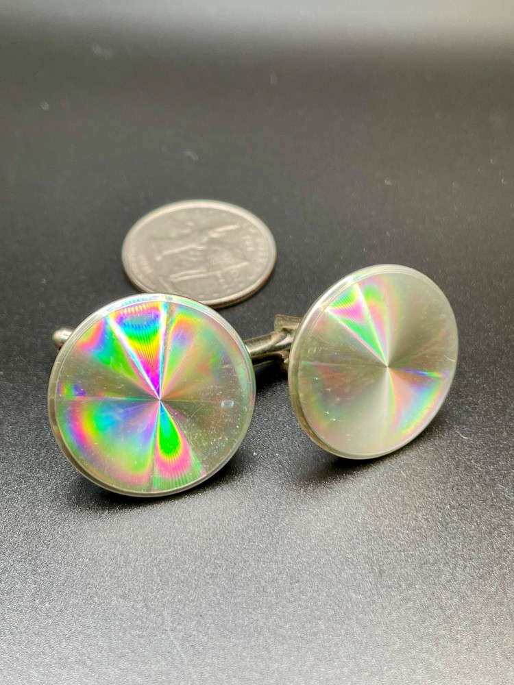 Vintage Silver Tone Holographic Kaleidoscope Pinwheel Cufflinks MCM