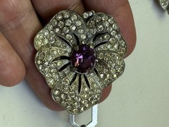 Lot 7 Antique Rhinestone Pavé Art Deco Dress Clips, Buckle, Sapphire Blue Purple