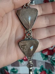 Vintage Silver Rutilated Quartz Triangle Shaped Stones Link Bracelet 8″