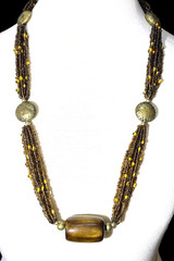 VTG Brown Necklace Multi Strand Seed Beads Large Bronze Wood Wooden Bead 31 in