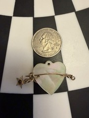 Antique Initial “E” Goldtone Script Brooch Pin Mother of Pearl Heart Vintage