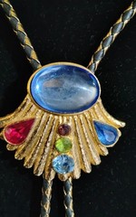 Vintage Ladies Blingy Bolo Tie Mixed Color Cab Stones Goldtone Metal Party Time