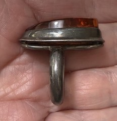 Bold Vintage Modernist Sterling Silver Unique Sculptural Cognac Amber Ring Sz 7