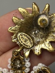 Miriam Haskell Beaded Pierced Lion Gold White Pearl Sun Flower Dangle Earrings
