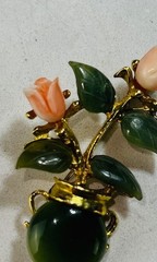 VTG Signed SWOBODA Genuine Carved Jade Coral Flower Brooch Pin Clip Earring Lot