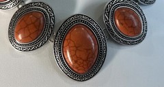 Orange Faux Howlite silver tone charm necklace 20”