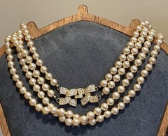 KJL Kenneth Jay Lane Faux Pearl Double Strand Opera 36” Long Necklace Rhinestone