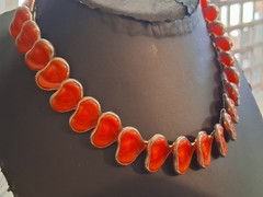 Vintage red celluloid stylized leaf abstract necklace, 16″, articulated