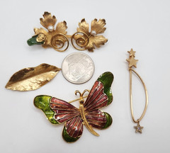 Vintage Gold tone Brooch Lot 4 pieces Crown Trifari MFA Butterfly Leaf Star