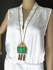 Vintage 1960s Signed HATTIE CARNEGIE Dragon & Faux Jade Tassel Necklace Brooch