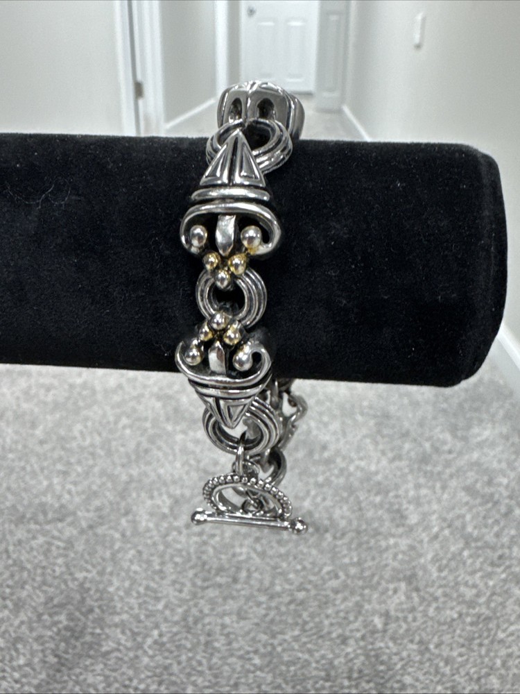 Vintage Pewter Distinctive Scroll Design with Gold Tone Accents 7” Bracelet 37 G