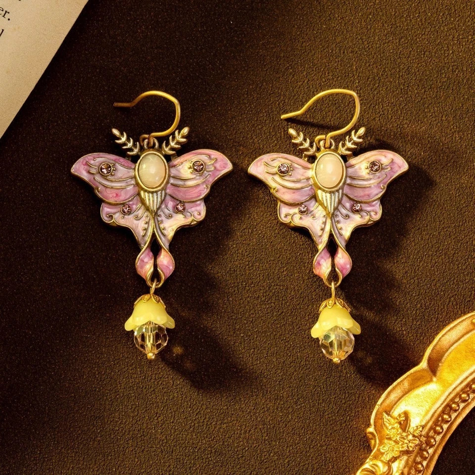 Vintage European Butterfly Enamel Drop Earrings Gold Crystal Victorian Jewelry