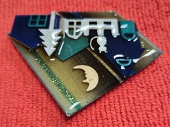 Vintage House Pins by Lucinda Kitty Cat Home Crescent Moon in Sky Pin / Brooch