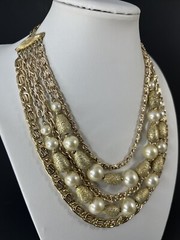 Vtg Francois Coro Bib Necklace Gold Tone Multi Chain Faux Pearl Cascade Chunky