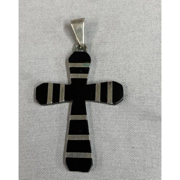 Vintage Taxco Mexico 925 Sterling Silver Black Onyx Inlay Striped Cross Pendant