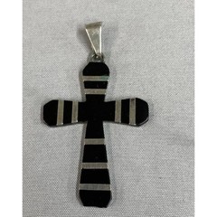 Vintage Taxco Mexico 925 Sterling Silver Black Onyx Inlay Striped Cross Pendant