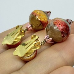 Vtg Hong Kong Lucite Foil Yellow Red Bead Dangle Earrings Clip-on