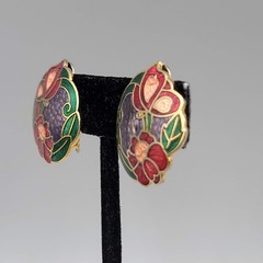 Vintage Butterfly Cloisonne Enamel Clip on Earrings Flowers Gold tone Drop 1 in