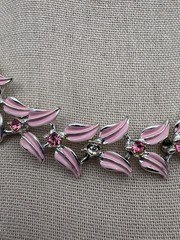 Vintage Pink Enamel Rhinestone Necklace And Pin Set- See Description
