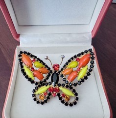 Vintage Juliana D&E Butterfly Brooch Black Rhinestone Orange Chartreuse Cabochon