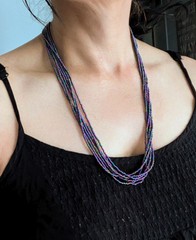 Natural Nepal Glass Seed Bead Multi Strand Necklace. Iridescent Peacock Blue 22″