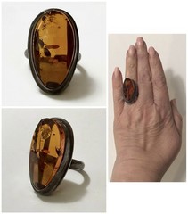 Bold Vintage Modernist Sterling Silver Unique Sculptural Cognac Amber Ring Sz 7