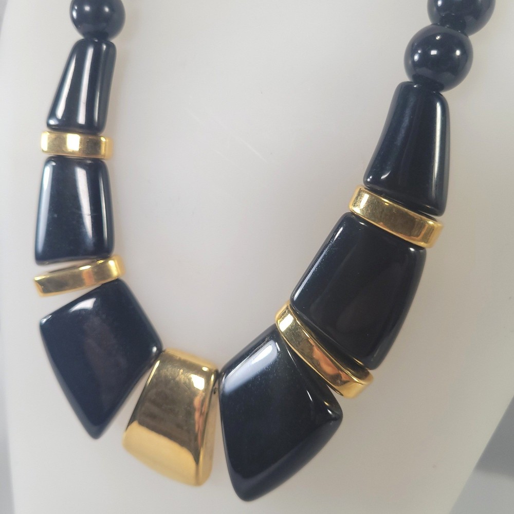 Napier Vintage Black Gold Tone Necklace Geometric Statement Collar MCM Modern