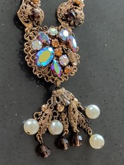 Vintage West Germany Aurora Borealis Rhinestone Filigree Necklace 22” S84