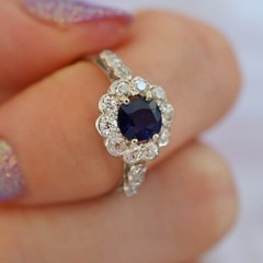 Art Deco Lab Created Diamonds ring with blue sapphire 14k White Gold Finish Ring
