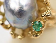 1950s 14k Gold Textured Ring Sz 8 w/Blue Baroque Pearl 10-12mm Emerald 11.4g
