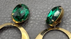 Massive Huge 80s Runway Vintage Green Crystal Dangle Hoop Statement Earrings