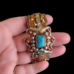 7.5in Copper Brass Modernist Brutalist Blue Howlite Turquoise Cuff Bracelet #4