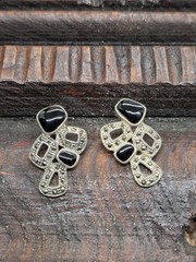 Vtg Art Deco Geometri Sterling Silver 925 Marcasite & Black Onyx Pierce Earrings