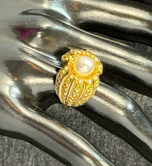 Vintage Cocktail Dome Ring Adjustable Pearls Green Rhinestones Gold Tone Size 7